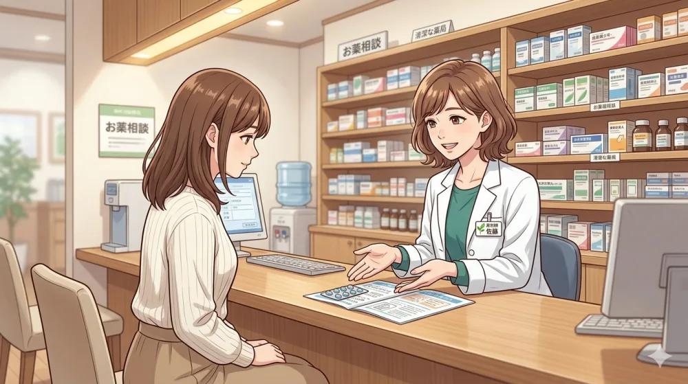 薬局のカウンターで、女性が薬剤師に相談しているイラスト。