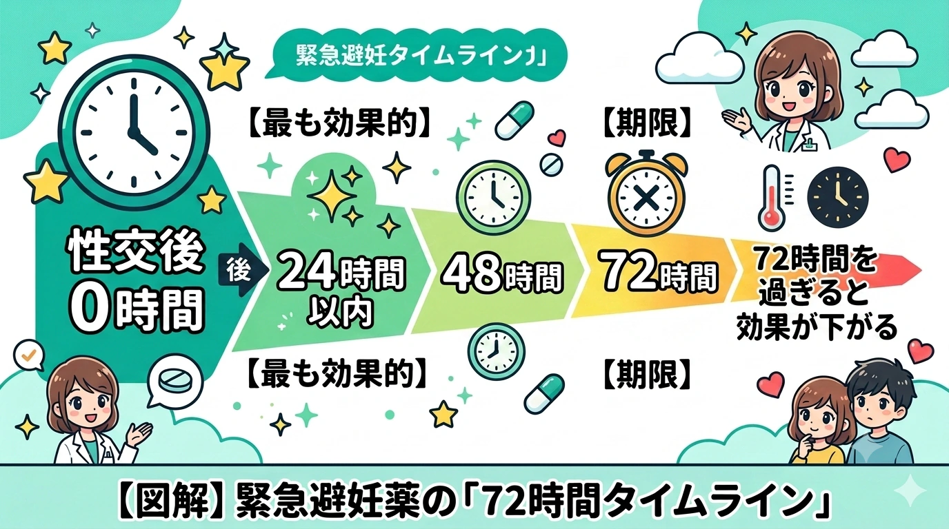 緊急避妊薬の72時間タイムライン図。性交後24時間以内は効果が高い傾向があり、時間が経つと効果が下がる可能性があることを、緑から赤への色の変化で示している。